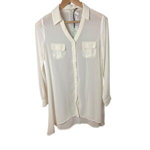Cecico NWT White Sheer Long Tunic Button Up Long Sleeve Blouse Sz S